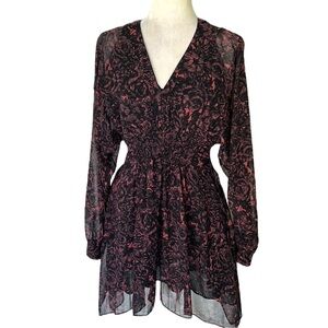 All Saints Nichola Rosey Smocked Draped Mini Dress in Berry Red - S